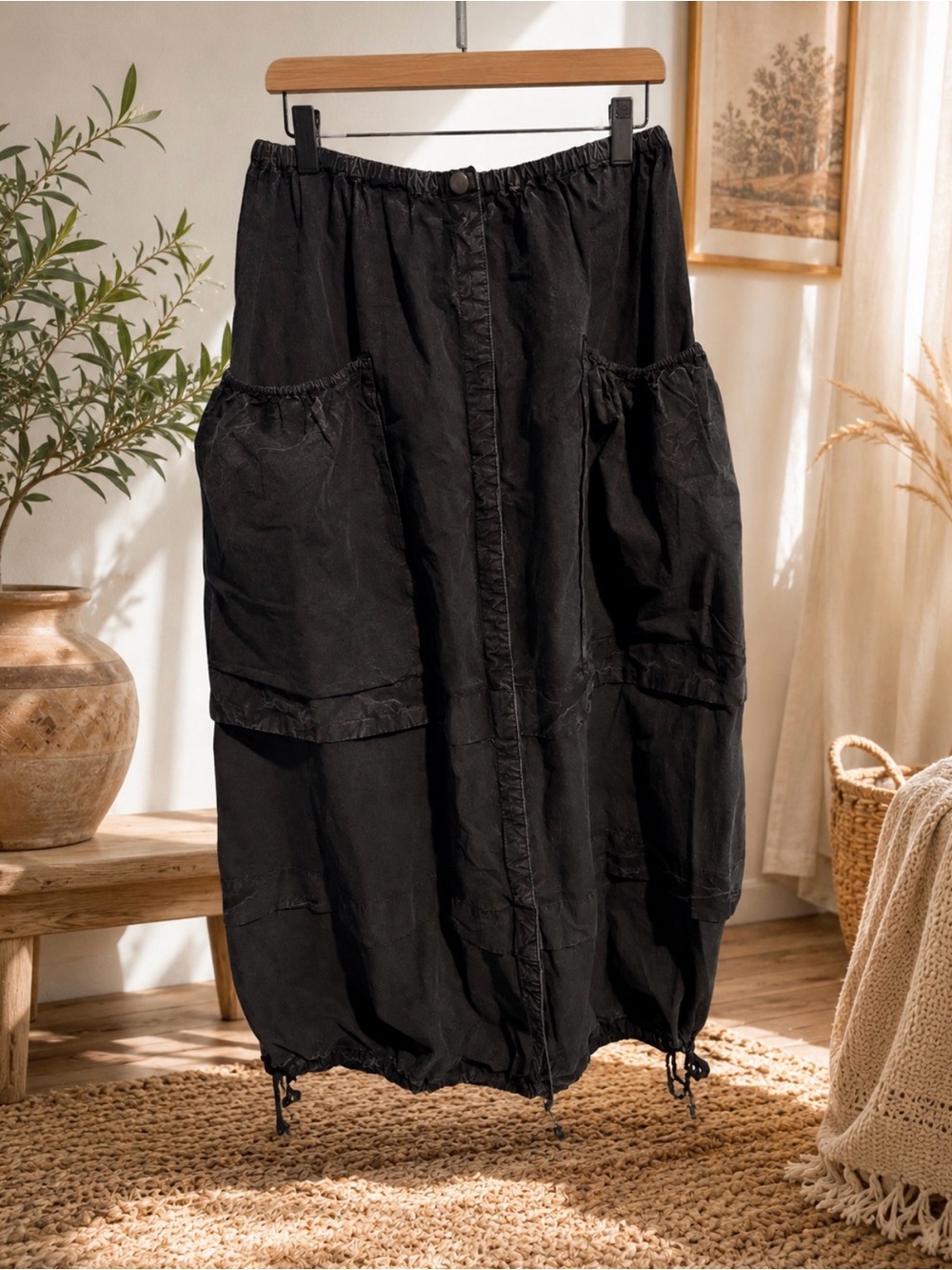 Free People Getti Cargo Bubble Midi Skirt Washed Black Utility Boho Sz XS NWT - Picture 1 of 4